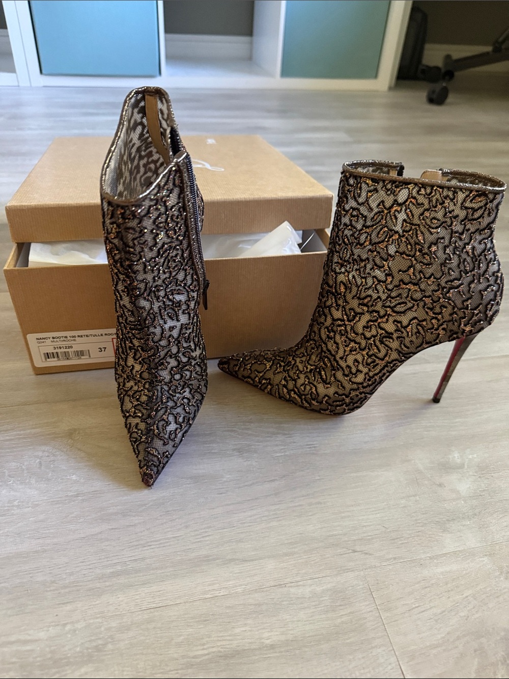 Christian Louboutin Metallic Bronze Lace-Pattern Pointed Ankle Booties